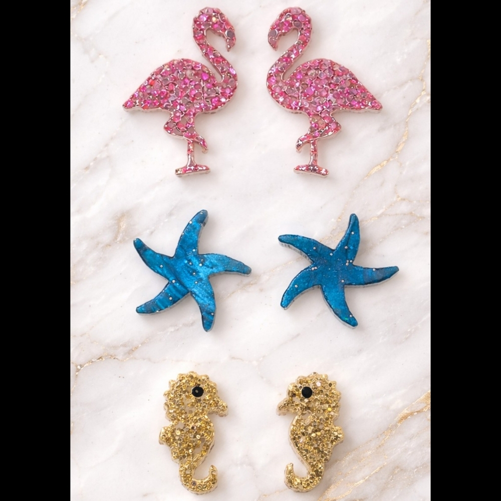Tiny Flamingo Starfish Seahorse Cute Dainty Stud Earrings Beachy Summer Vacation